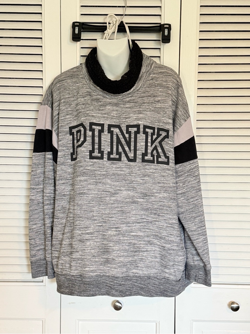 Victoria's Secret PINK Heather Gray Crew Sweatshirt with Black Accents